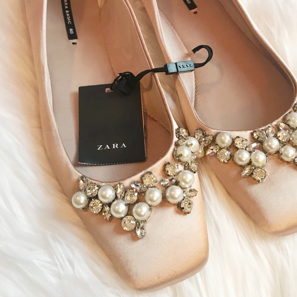 NWT Zara Nude Blush Jeweled Satin Ballerina Flats - Picture 6 of 7